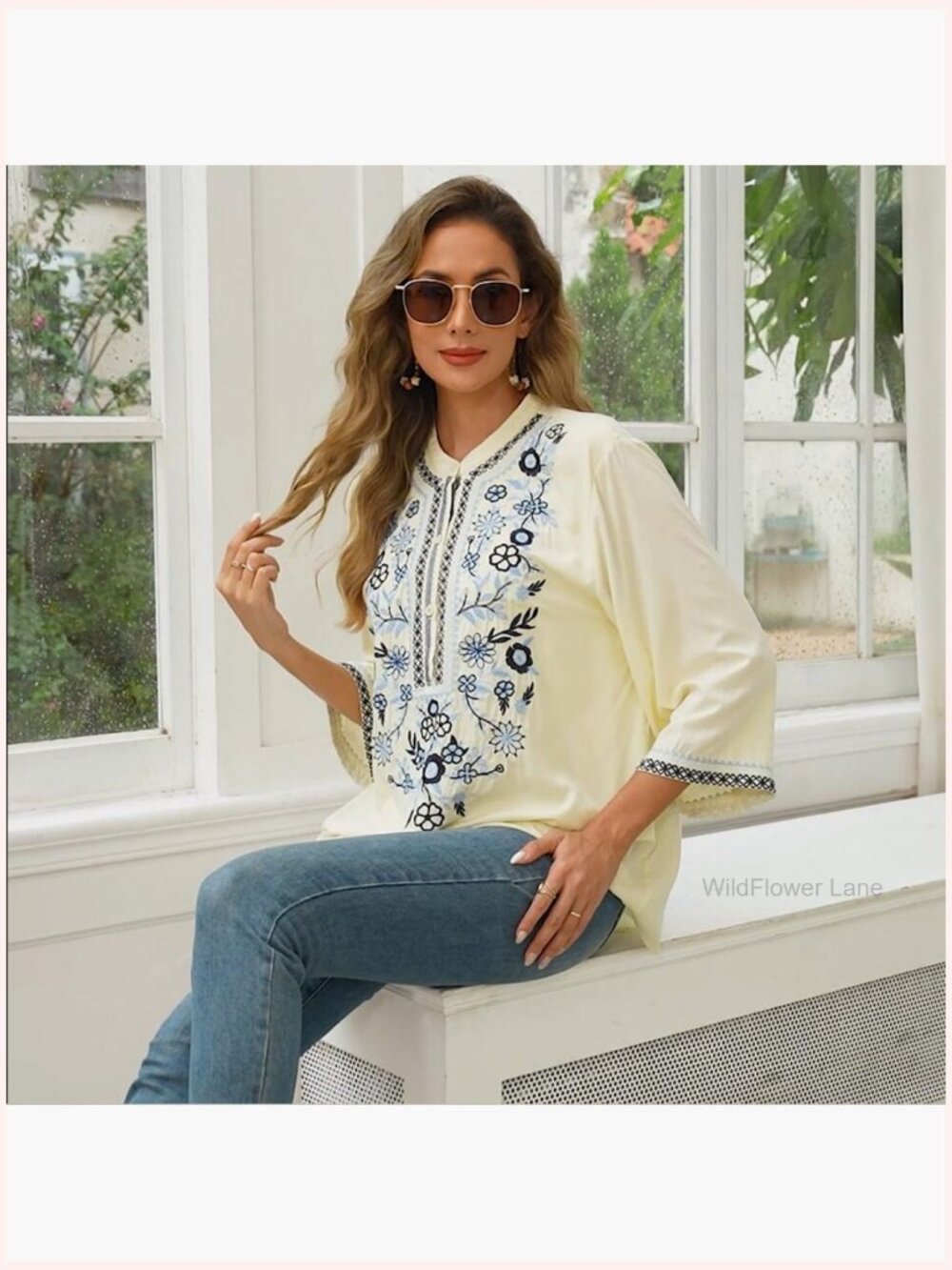 Mexican Embroidered Tunic Blouse Peasant Top 3/4 Sleeve V Neck - Picture 6 of 6